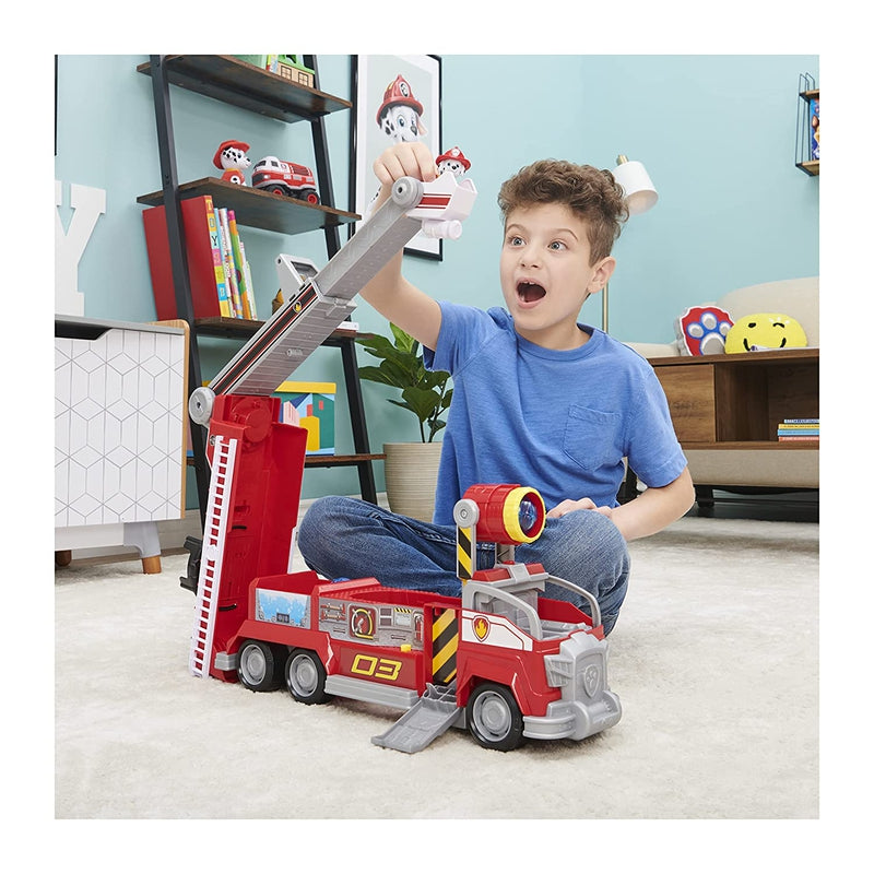 Paw Patrol Marshall’s Transforming Movie City Fire Truck with Extending Ladder, Lights, Sounds and Action Figure Toy