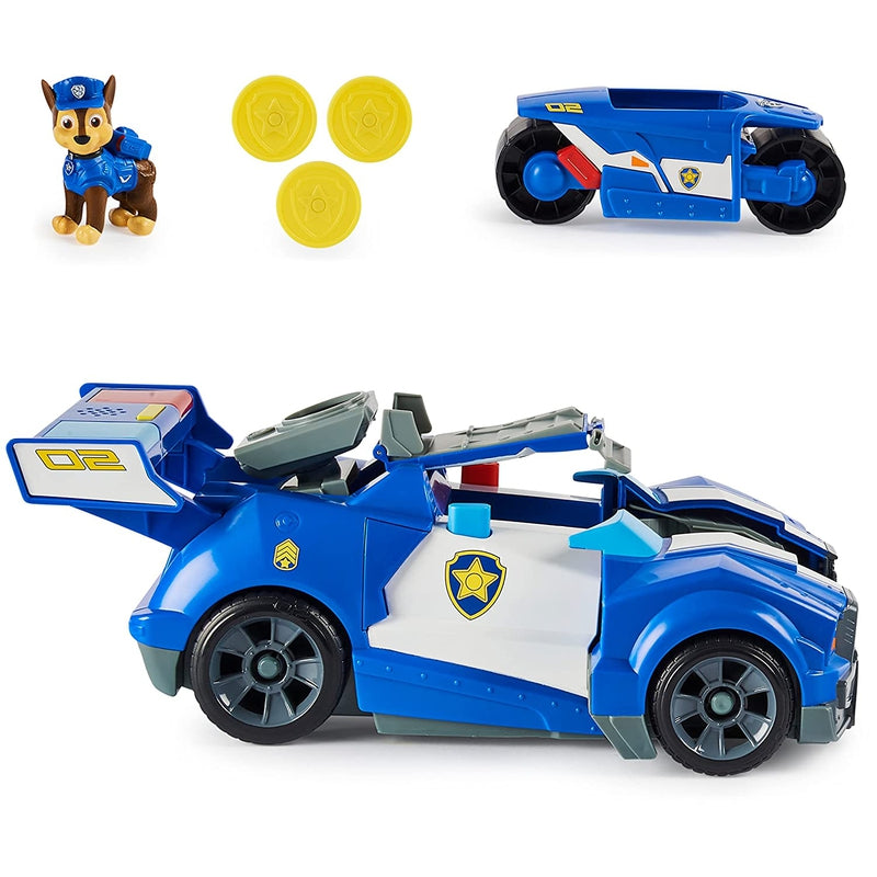 Paw Patrol Chase 2-in-1 Transforming Movie City Cruiser Toy Car with Motorcycle, Lights, Sounds and Action Figure