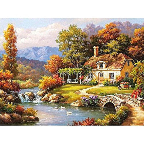 DIY Paint By Number Painting Kit Without Frame - Cottage By the River (13 Years till Grown Ups)