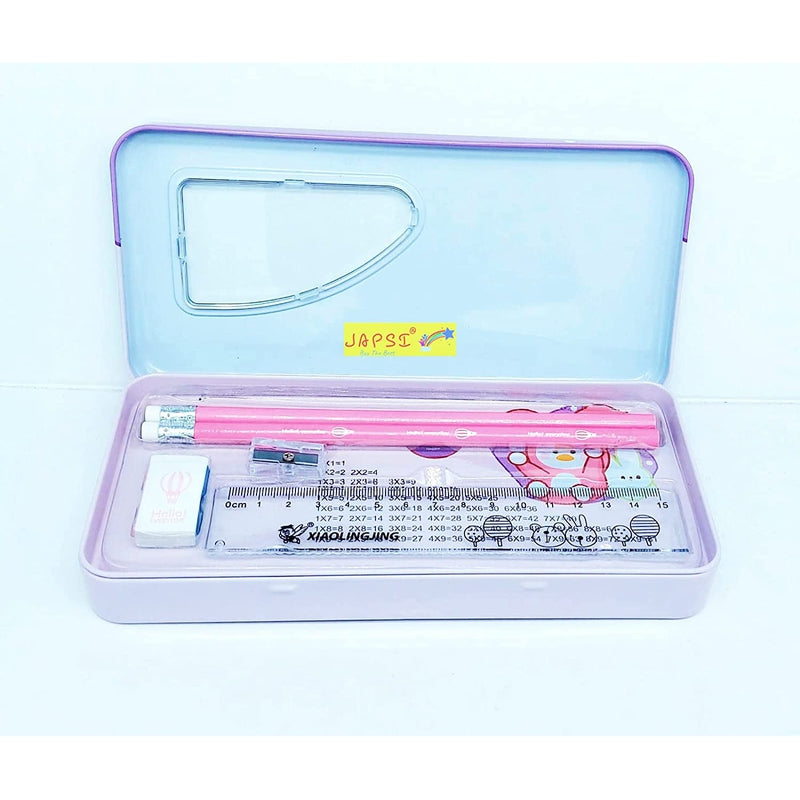 Cartoon Print Pencil Box Set, Two Compartments, Metal Box with 2 Pencils + 1 Sharpener + 1 Eraser + 1 Ruler (PINK/BLUE)