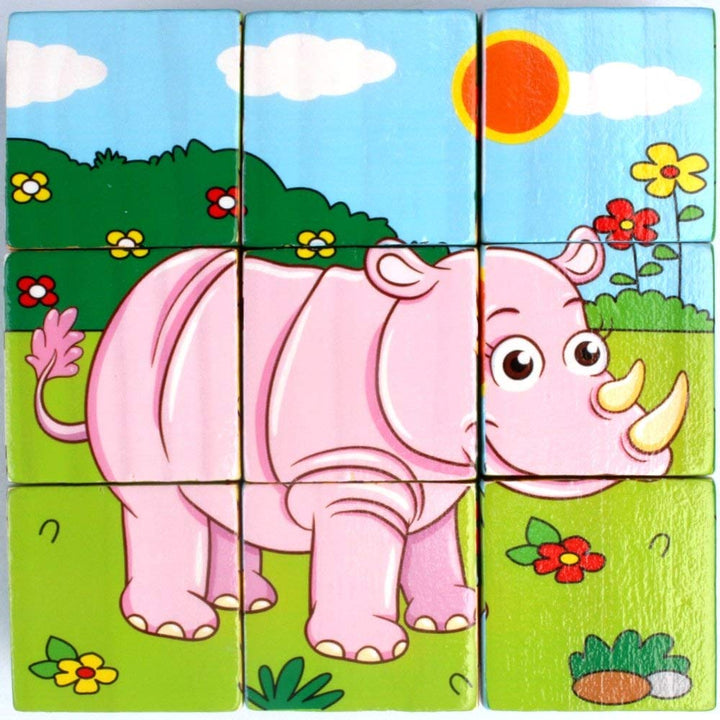 3D 6 Face Animal Block Puzzle 6 in 1 Wooden Cube Jigsaw Toys (Wild Animals)