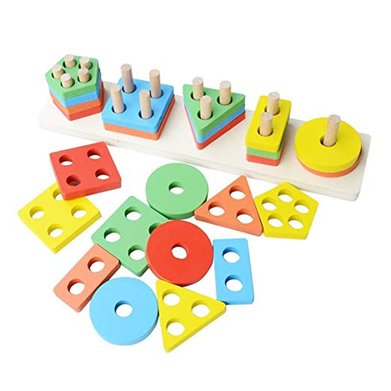 Wooden Geometric Shape Sorter Stacking Puzzle (5 Shapes)