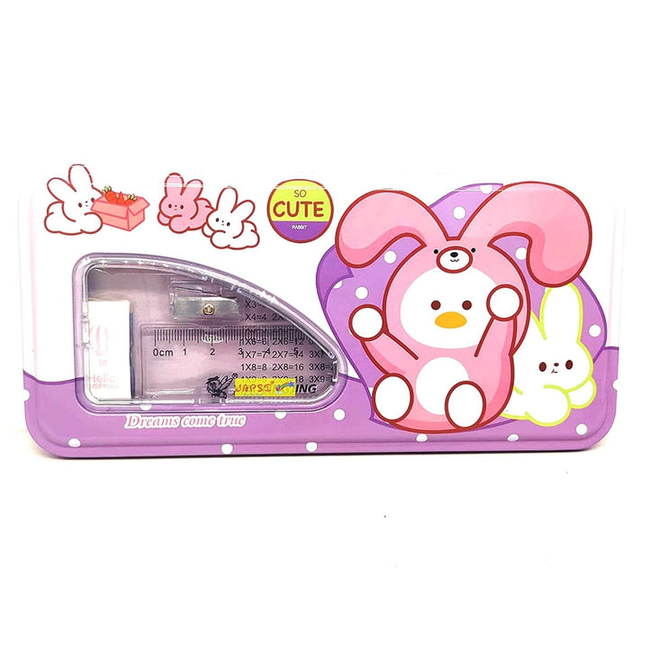 Cartoon Print Pencil Box Set, Two Compartments, Metal Box with 2 Pencils + 1 Sharpener + 1 Eraser + 1 Ruler (PINK/BLUE)