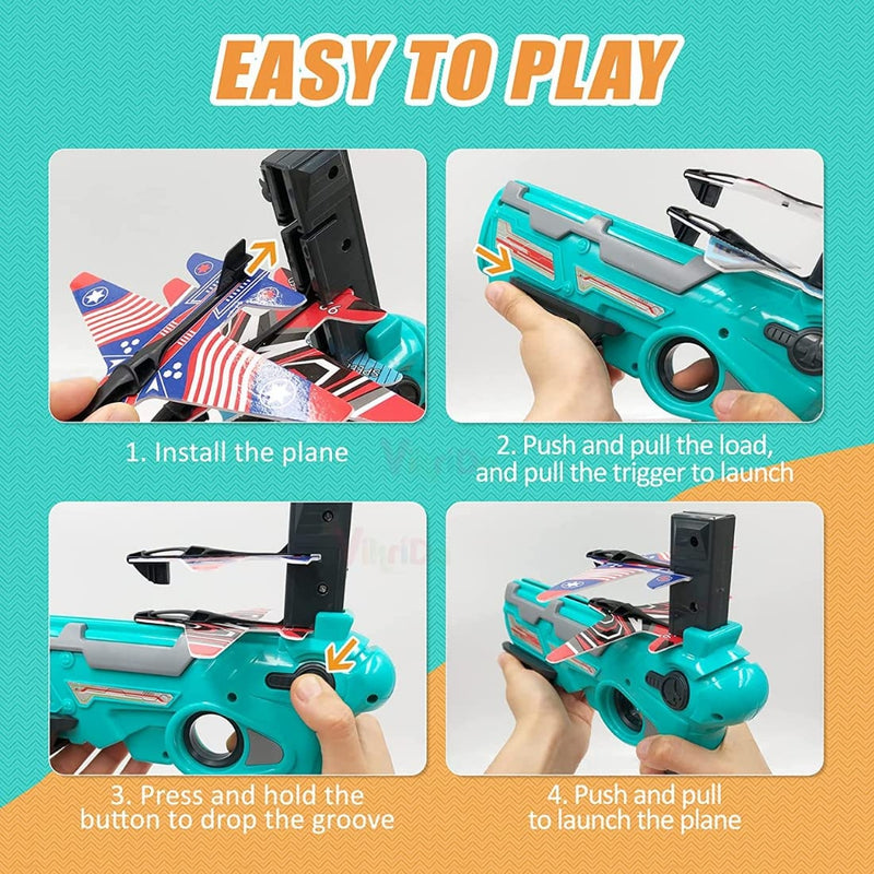 Flying Glider Planes Cardboard 4 Pcs & Launcher Shooter Gun Toy (Random Color Will Be Send)