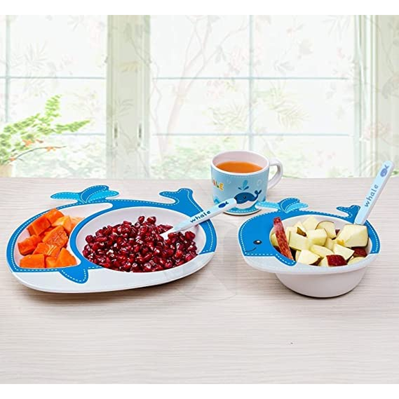 Cartoon Animal Whale Bamboo Fiber Dinnerware Plate and Bowl Set for Kids Eco Friendly Non Toxic Self Feeding Baby Utensil Set of 5 Pcs - Multicolor