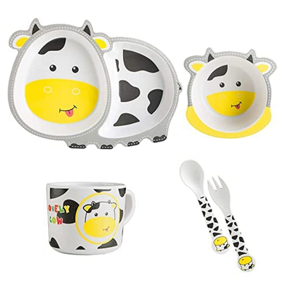 Cartoon Animal Cow Bamboo Fiber Dinnerware Plate and Bowl Set for Kids Eco Friendly Non Toxic Self Feeding Baby Utensil Set of 5 Pcs - Multicolor