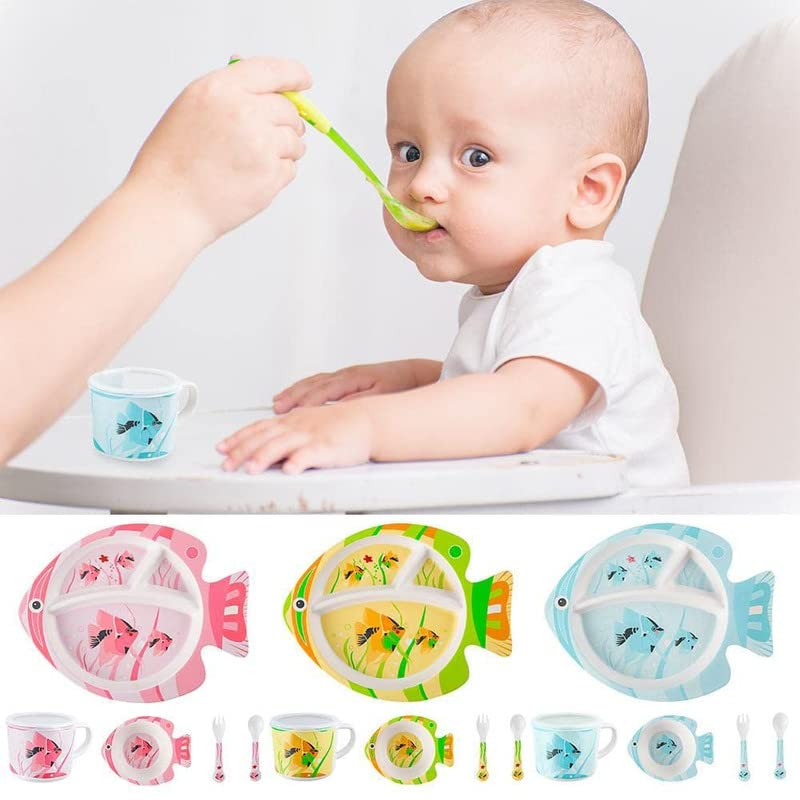 Cartoon Animal Fish Bamboo Fiber Dinnerware Plate and Bowl Set for Kids Eco Friendly Non Toxic Self Feeding Baby Utensil Set of 5 Pcs - Multicolor