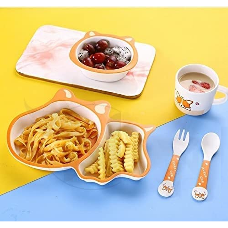 Cartoon Animal Puppy Bamboo Fiber Dinnerware Plate and Bowl Set for Kids Eco Friendly Non Toxic Self Feeding Baby Utensil Set of 5 Pcs - Multicolor