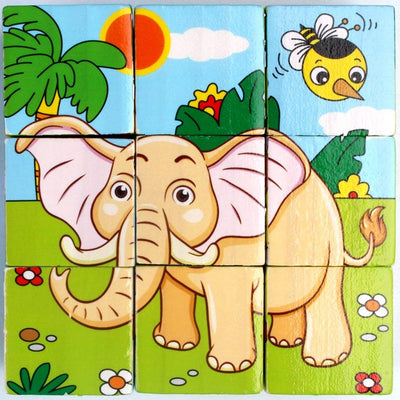 3D 6 Face Animal Block Puzzle 6 in 1 Wooden Cube Jigsaw Toys (Wild Animals)