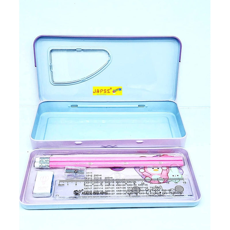 Cartoon Print Pencil Box Set, Two Compartments, Metal Box with 2 Pencils + 1 Sharpener + 1 Eraser + 1 Ruler (PINK/BLUE)