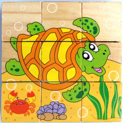 3D 6 Face Animal Block Puzzle 6 in 1 Wooden Cube Jigsaw Toys (Aqua Animals)