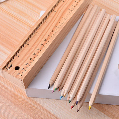 5 Packs of Wooden Pencil Box (Each Pack contains 1 Pencil Box, 12 Colour Pencils & 1 Scale)