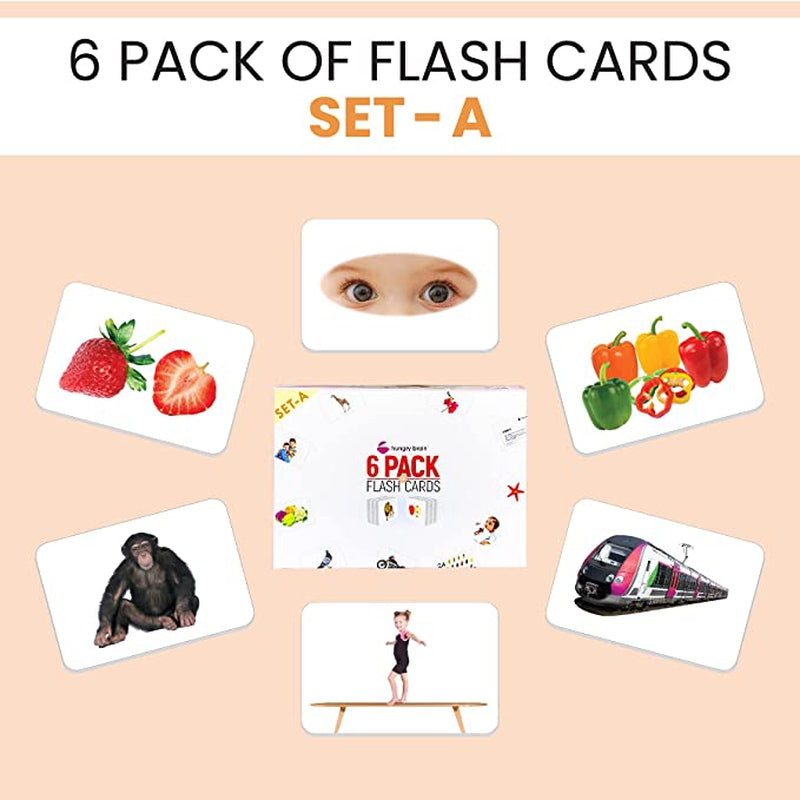 Pack of 6A - Body Parts, Actions, Domestic Animals, Fruits, Vegetables, Transports Flash Cards for Kids