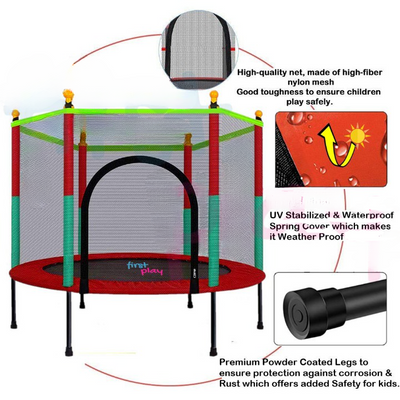 Black Powder Coated Frame Trampoline with Safety Enclosure Net and Spring Pad - 55 inch (Support Upto 100 KG) - Red and Green (COD Not Available)