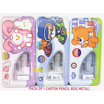 Cartoon Print Pencil Box Set, Two Compartments, Metal Box with 2 Pencils + 1 Sharpener + 1 Eraser + 1 Ruler (PINK/BLUE)