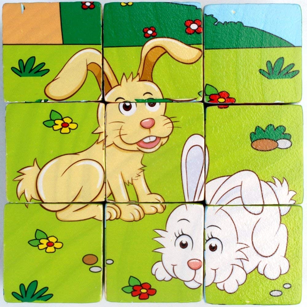 3D 6 Face Animal Block Puzzle 6 in 1 Wooden Cube Jigsaw Toys (Wild Animals)