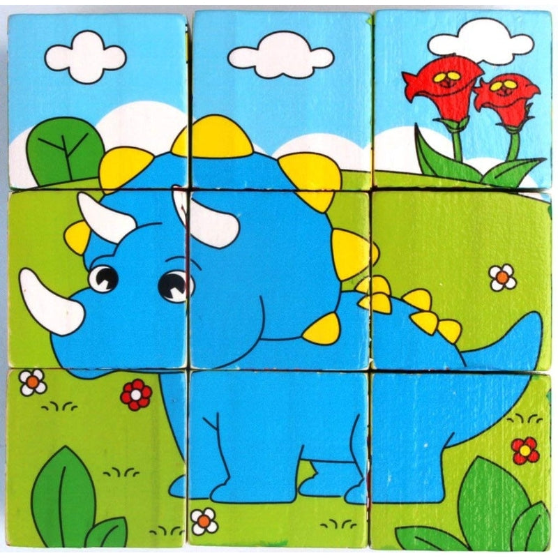 3D 6 Face Animal Block Puzzle 6 in 1 Wooden Cube Jigsaw Toys (Dinosaurs)
