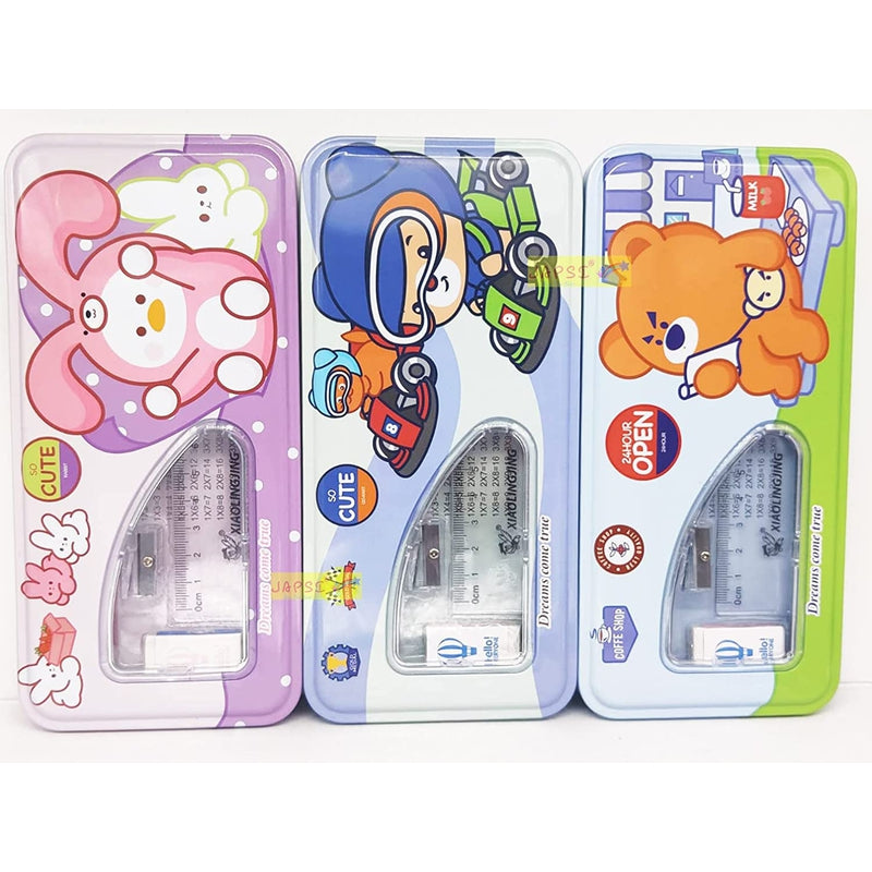 Cartoon Print Pencil Box Set, Two Compartments, Metal Box with 2 Pencils + 1 Sharpener + 1 Eraser + 1 Ruler (PINK/BLUE)