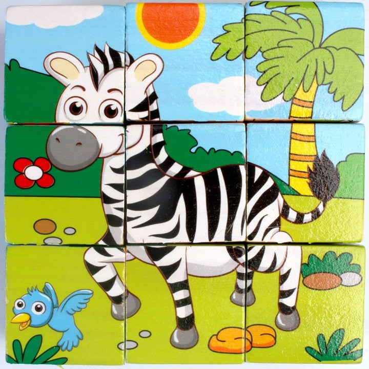 3D 6 Face Animal Block Puzzle 6 in 1 Wooden Cube Jigsaw Toys (Wild Animals)