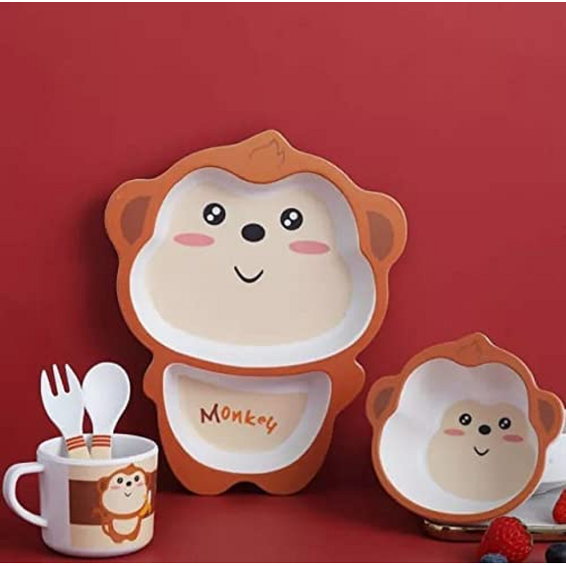 Cartoon Animal Turtle Bamboo Fiber Dinnerware Plate and Bowl Set for Kids Eco Friendly Non Toxic Self Feeding Baby Utensil Set of 5 Pcs - Multicolor