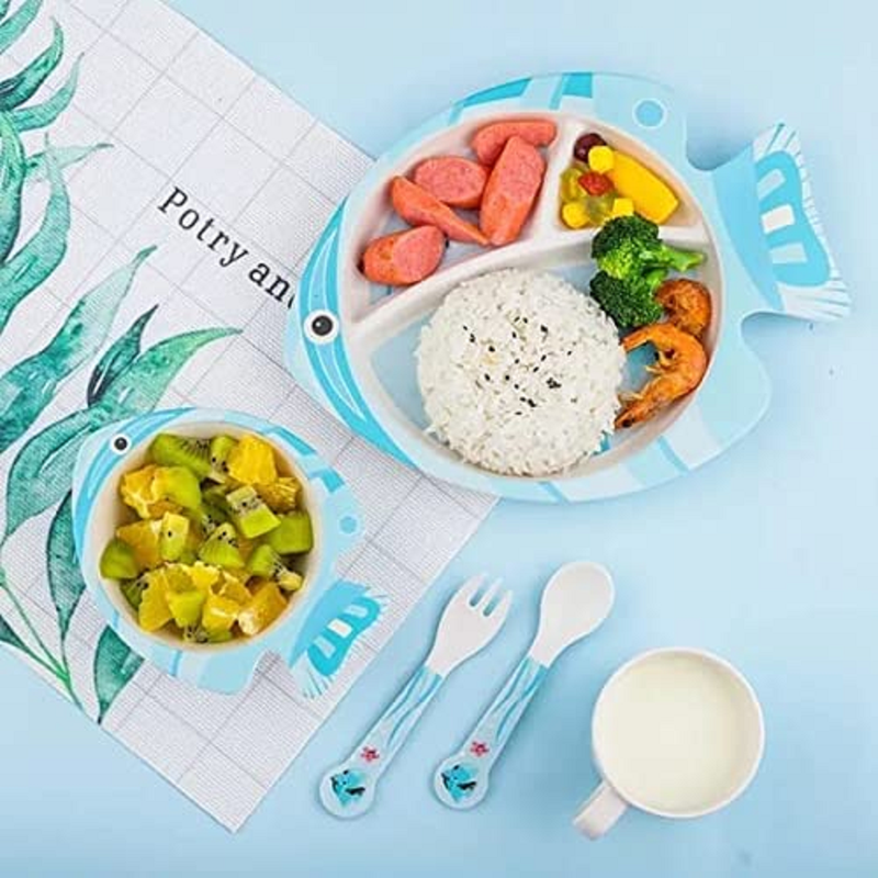 Cartoon Animal Fish Bamboo Fiber Dinnerware Plate and Bowl Set for Kids Eco Friendly Non Toxic Self Feeding Baby Utensil Set of 5 Pcs - Multicolor