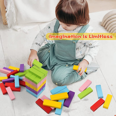 Multicolor Wooden Stacking Board Games Zenga 54 Pcs Blocks, 1 Dice Tumbling Tower Balancing Montessori Toys Kids