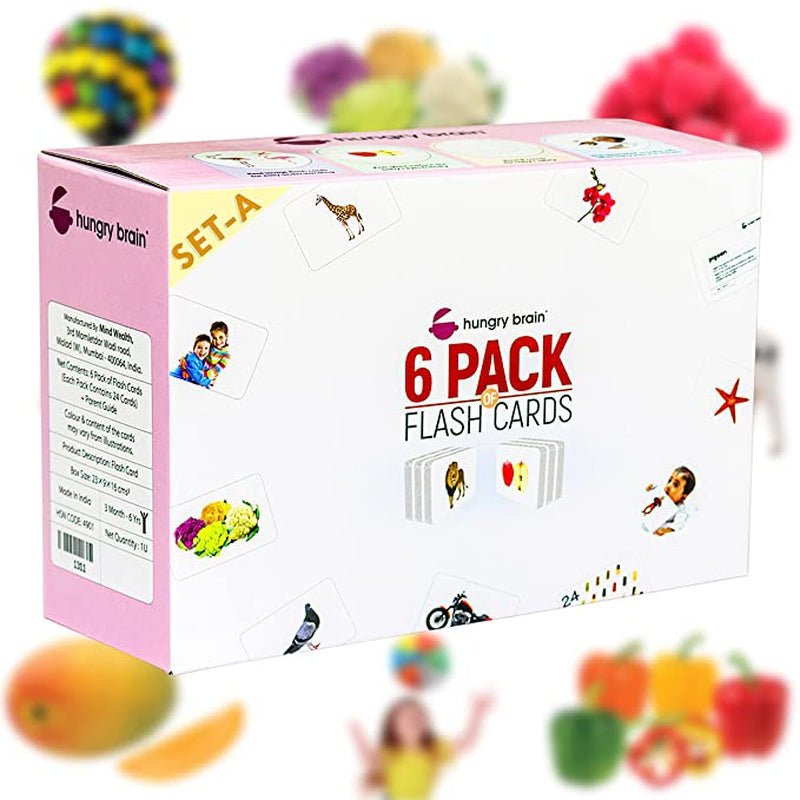 Pack of 6A - Body Parts, Actions, Domestic Animals, Fruits, Vegetables, Transports Flash Cards for Kids