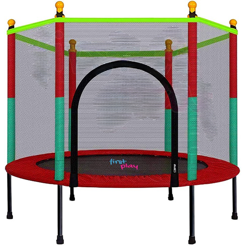 Black Powder Coated Frame Trampoline with Safety Enclosure Net and Spring Pad - 55 inch (Support Upto 100 KG) - Red and Green (COD Not Available)