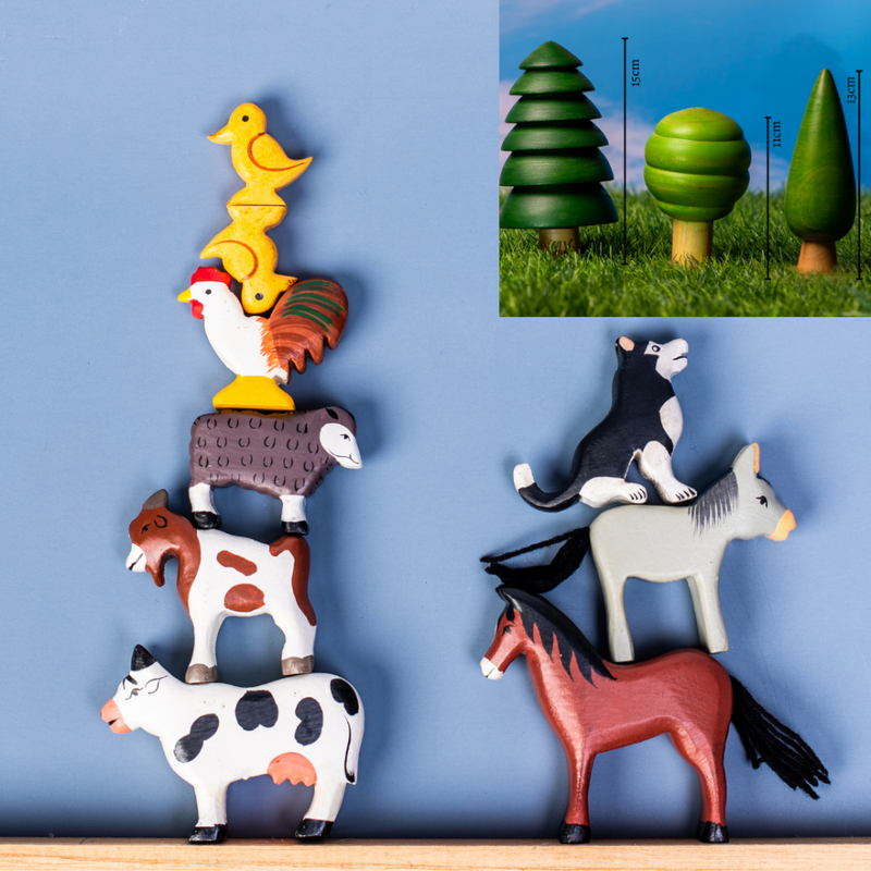 Wooden Farm Animals & 3 Trees Combo - A