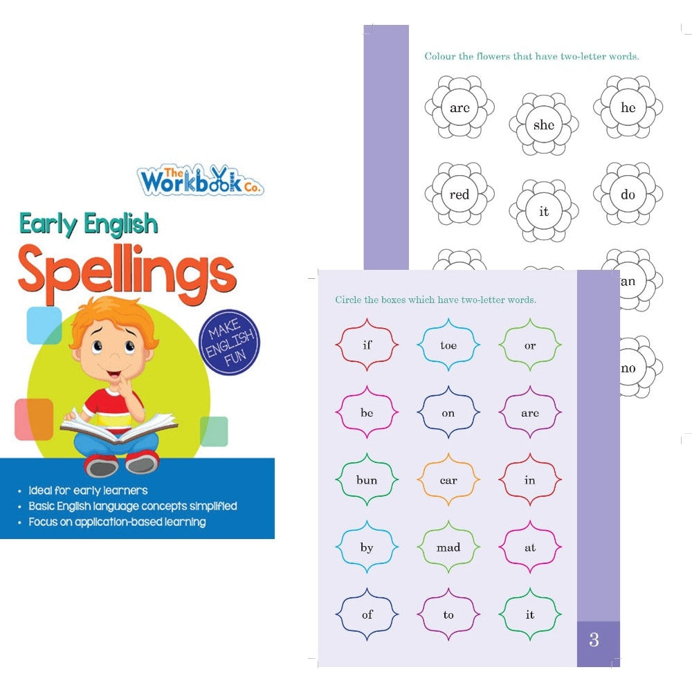 Set of 5 Early English Workbooks Including Noun & Verbs, Phonics, Reading Comprehension, Rhyming Words and Spellings for 3+ Year Old Children