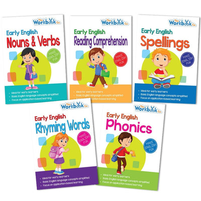 Set of 5 Early English Workbooks Including Noun & Verbs, Phonics, Reading Comprehension, Rhyming Words and Spellings for 3+ Year Old Children