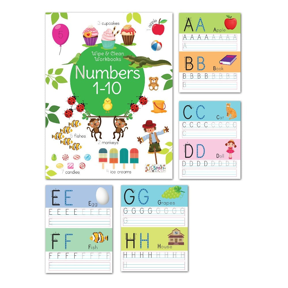 Set of 6 Reusable Washable Wipe & Clean Books with Free Pens (Animal & Birds, Lowercase Alphabet, Numbers 1-10, Things That Move, Tracing & Pen Control and Uppercase Alphabet)