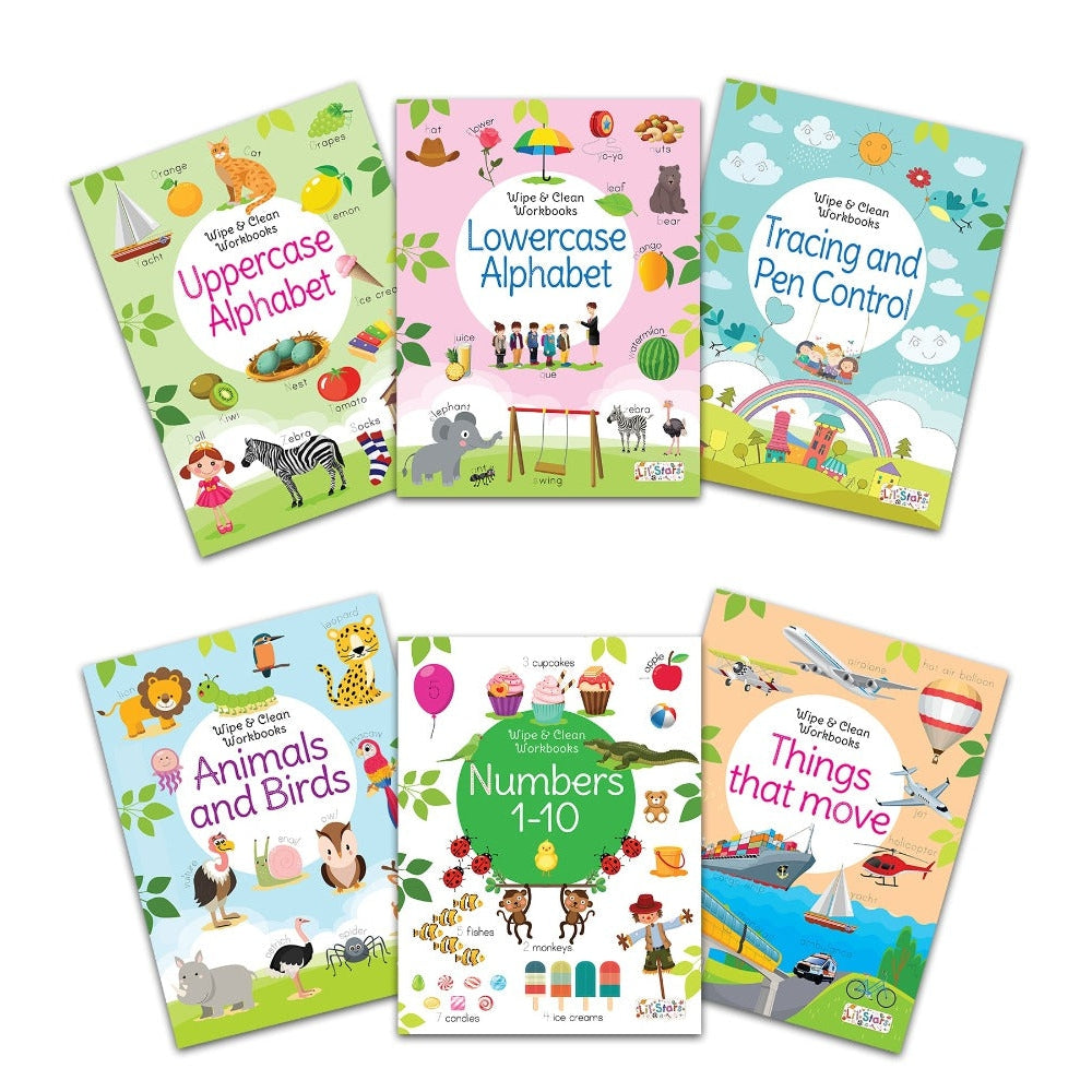 Set of 6 Reusable Washable Wipe & Clean Books with Free Pens (Animal & Birds, Lowercase Alphabet, Numbers 1-10, Things That Move, Tracing & Pen Control and Uppercase Alphabet)