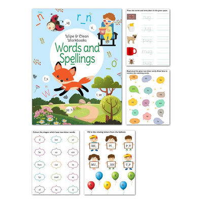 Set of 6 Reusable Washable Wipe & Clean Books with Free Pens (Simple Addition, Phonics, Sight Words, Spellings, Simple Subtraction and First Words)