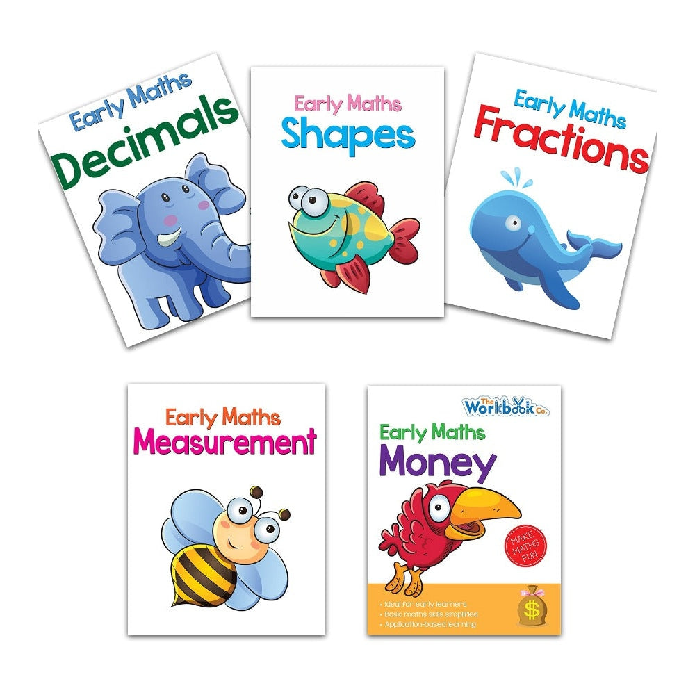 Set of 5 Early Maths Learning Books Covering Decimals, Fractions, Measuring, Money & Shapes