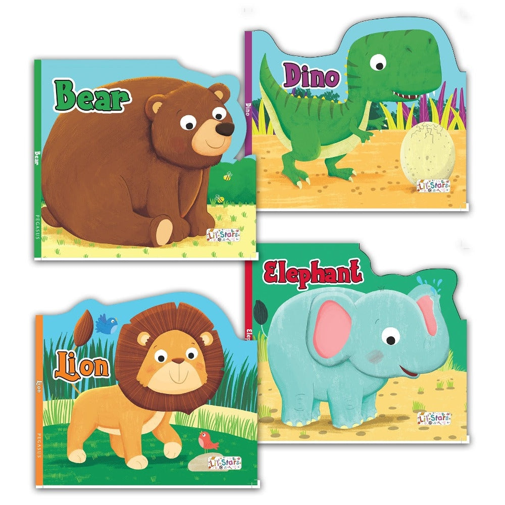 Set of 4 Big Animal Shaped Board Books (Bear, Dino, Elephant & Lion) For Kids