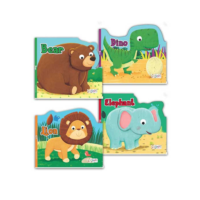 Set of 4 Big Animal Shaped Board Books (Bear, Dino, Elephant & Lion) For Kids