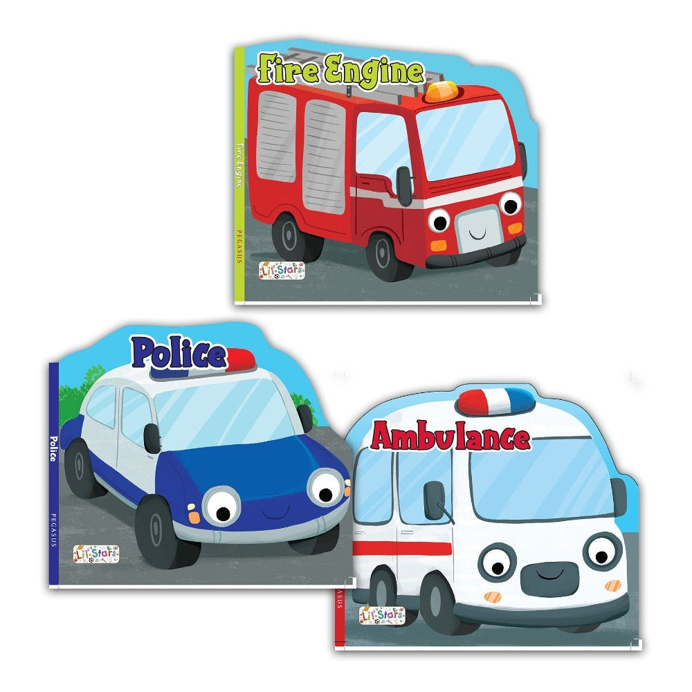 Set of 3 Emergency Transport Vehicles Shaped Board Books (Ambulance, Fire Engine & Police) For Kids