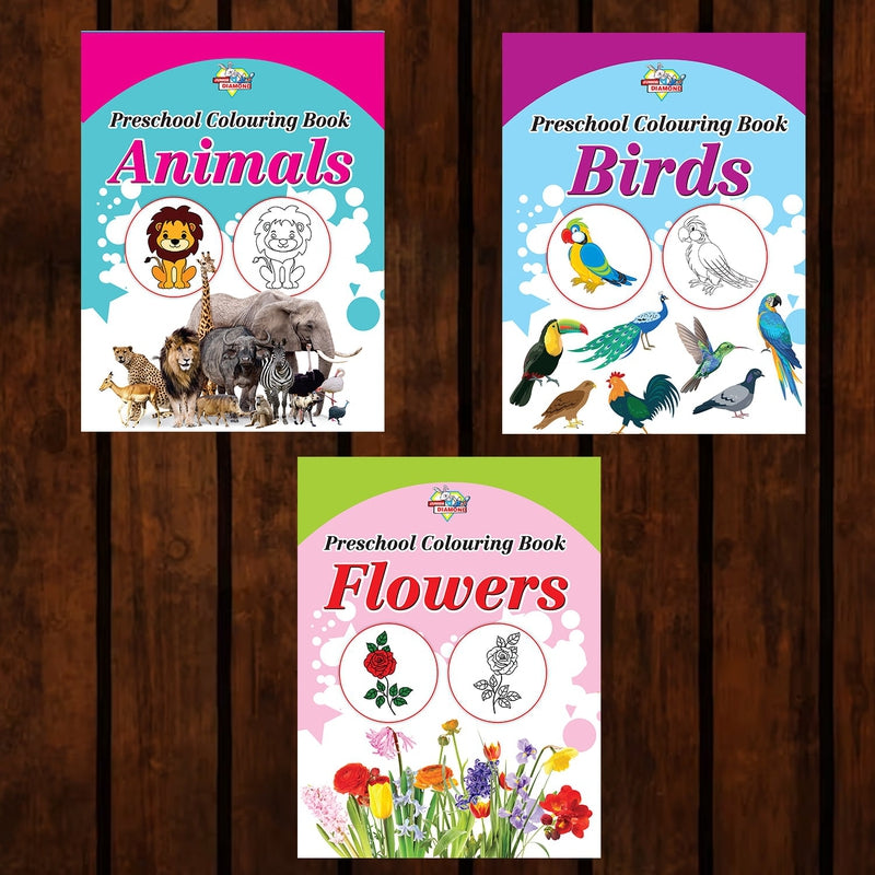 Preschool Copy Colouring Books (Set of 3 Books) - Animals, Birds and Flowers