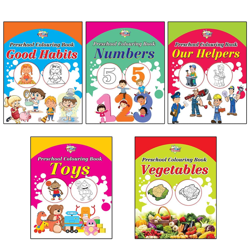 Preschool Copy Colouring Books (Set of 10 Books) - ABC, Animals, Birds, Flowers, Fruits, Good Habits, Numbers, Helpers, Toys and Vegetables