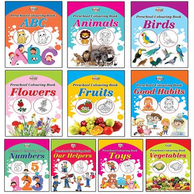 Preschool Copy Colouring Books (Set of 10 Books) - ABC, Animals, Birds, Flowers, Fruits, Good Habits, Numbers, Helpers, Toys and Vegetables