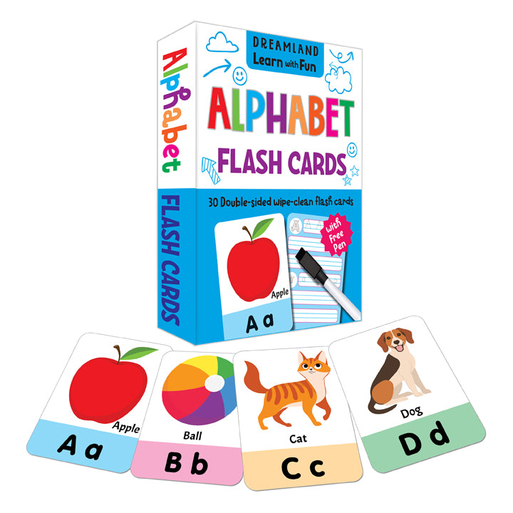 Flash Cards Alphabet - 30 Double Sided Wipe Clean Flash Cards for Kids (With Free Pen)