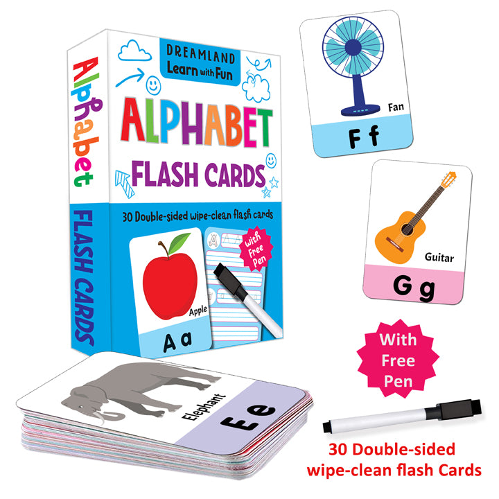 Flash Cards Alphabet - 30 Double Sided Wipe Clean Flash Cards for Kids (With Free Pen)
