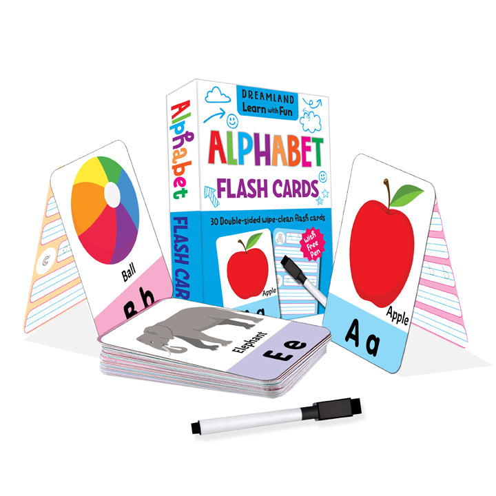 Flash Cards Alphabet - 30 Double Sided Wipe Clean Flash Cards for Kids (With Free Pen)