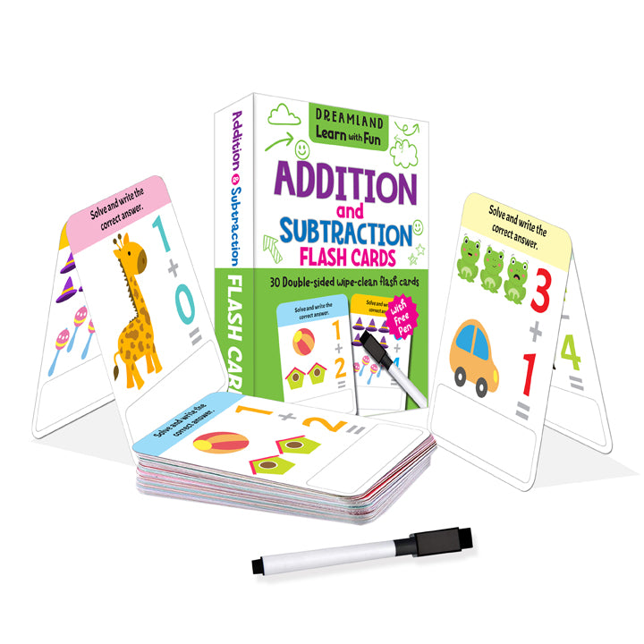 Flash Cards Addition and Subtraction  - 30 Double Sided Wipe Clean Flash Cards for Kids (With Free Pen)