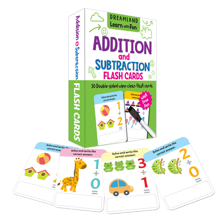 Flash Cards Addition and Subtraction  - 30 Double Sided Wipe Clean Flash Cards for Kids (With Free Pen)