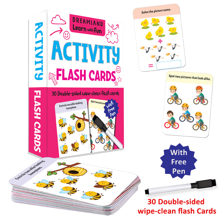 Flash Cards Activity  - 30 Double Sided Wipe Clean Flash Cards for Kids (With Free Pen)