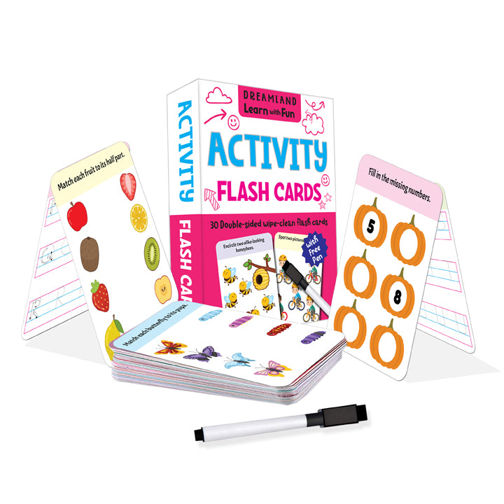 Flash Cards Activity  - 30 Double Sided Wipe Clean Flash Cards for Kids (With Free Pen)