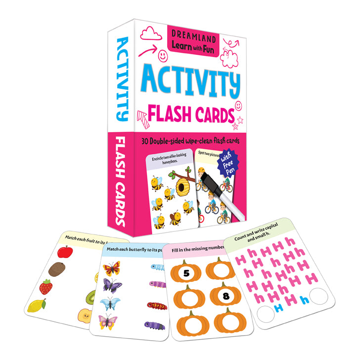 Flash Cards Activity  - 30 Double Sided Wipe Clean Flash Cards for Kids (With Free Pen)