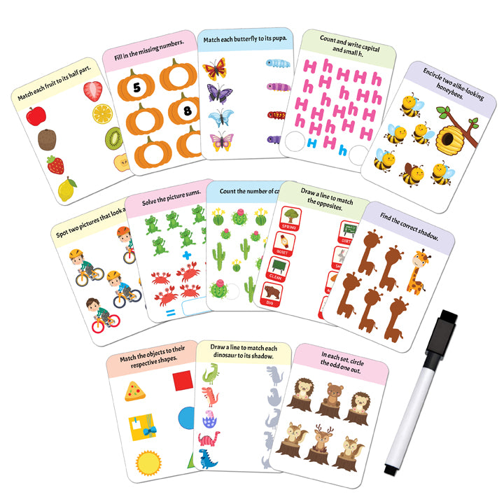 Flash Cards Activity  - 30 Double Sided Wipe Clean Flash Cards for Kids (With Free Pen)
